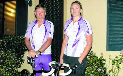 Randal Bishop and Alana Close after their epic 160km ride from Brisbane. Randal Bishop and Alana Close after their epic 160km ride from Brisbane.